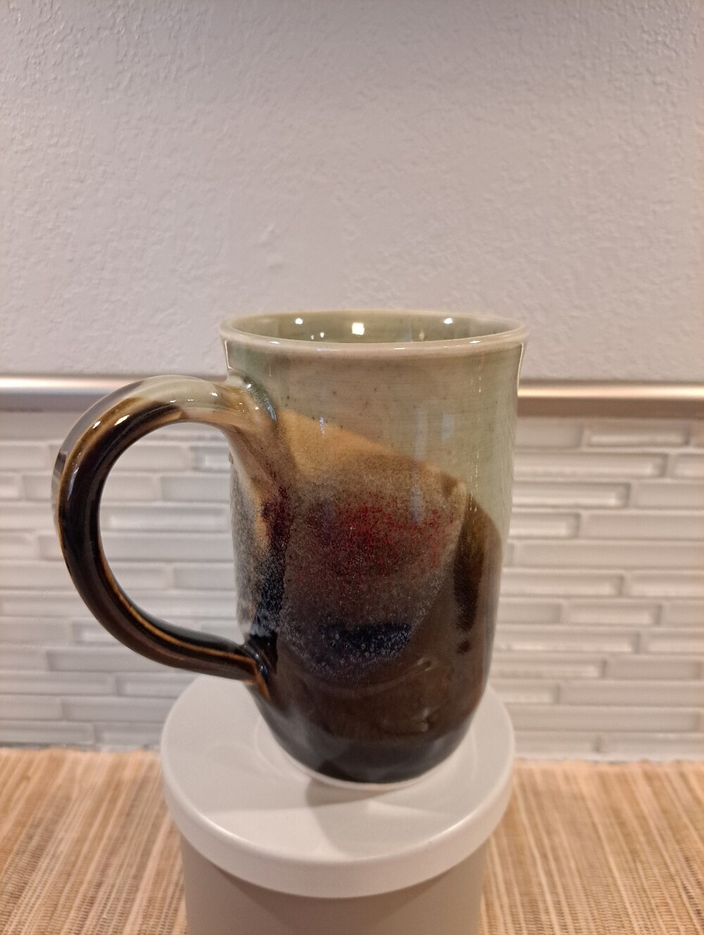 Jan Wax Signed Studio Pottery Tankard Tall Mug in Brown & Cream